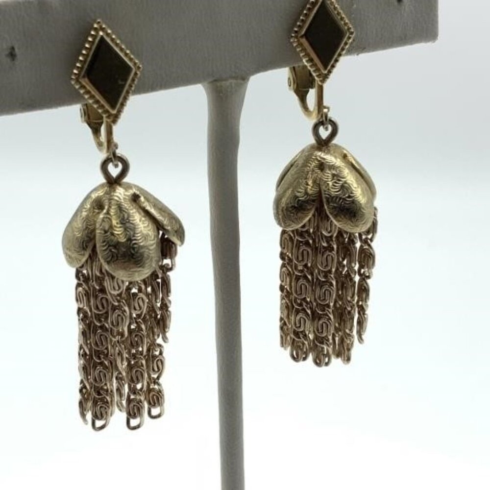 Vintage Gold-Toned Sarah Coventry Greek Key Dangle Clip-on Earrings - Signed